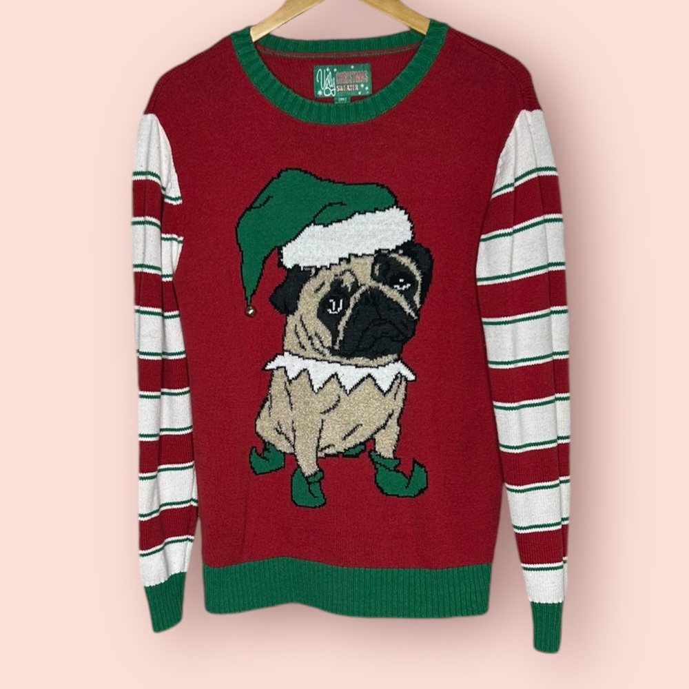 Pug Ugly Christmas Sweater Medium Green White Dog Santa Hat